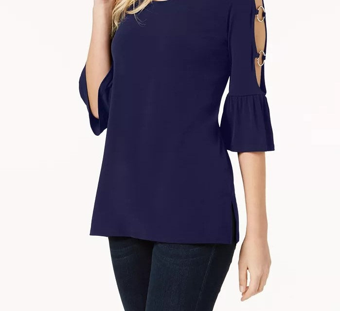 JM Collection Blusa feminina com recorte e babados, azul, tamanho pequeno