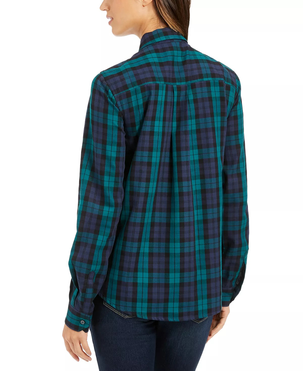 Camisa utilitária xadrez de algodão feminina Charter Club Petite, preta, tamanho Petit