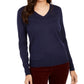 Suéter feminino de lã merino com botões e decote em V, azul, tamanho XX-G