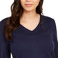 Suéter feminino de lã merino com botões e decote em V, azul, tamanho XX-G