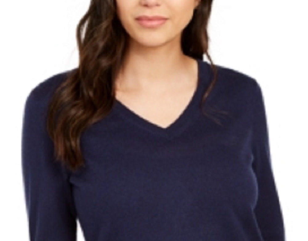 Suéter feminino de lã merino com botões e decote em V, azul, tamanho XX-G