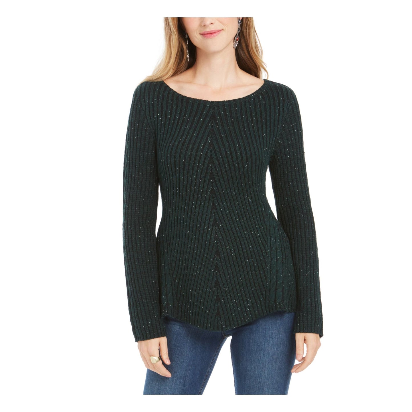 Camiseta feminina texturizada com manchas e gola redonda, manga comprida, verde, tamanho pequeno M