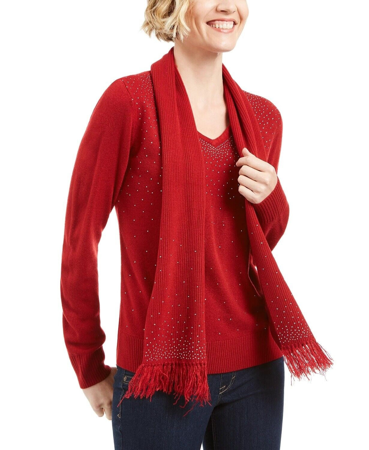 Karen Scott Suéter e cachecol femininos com detalhes em vermelho, tamanho PSM