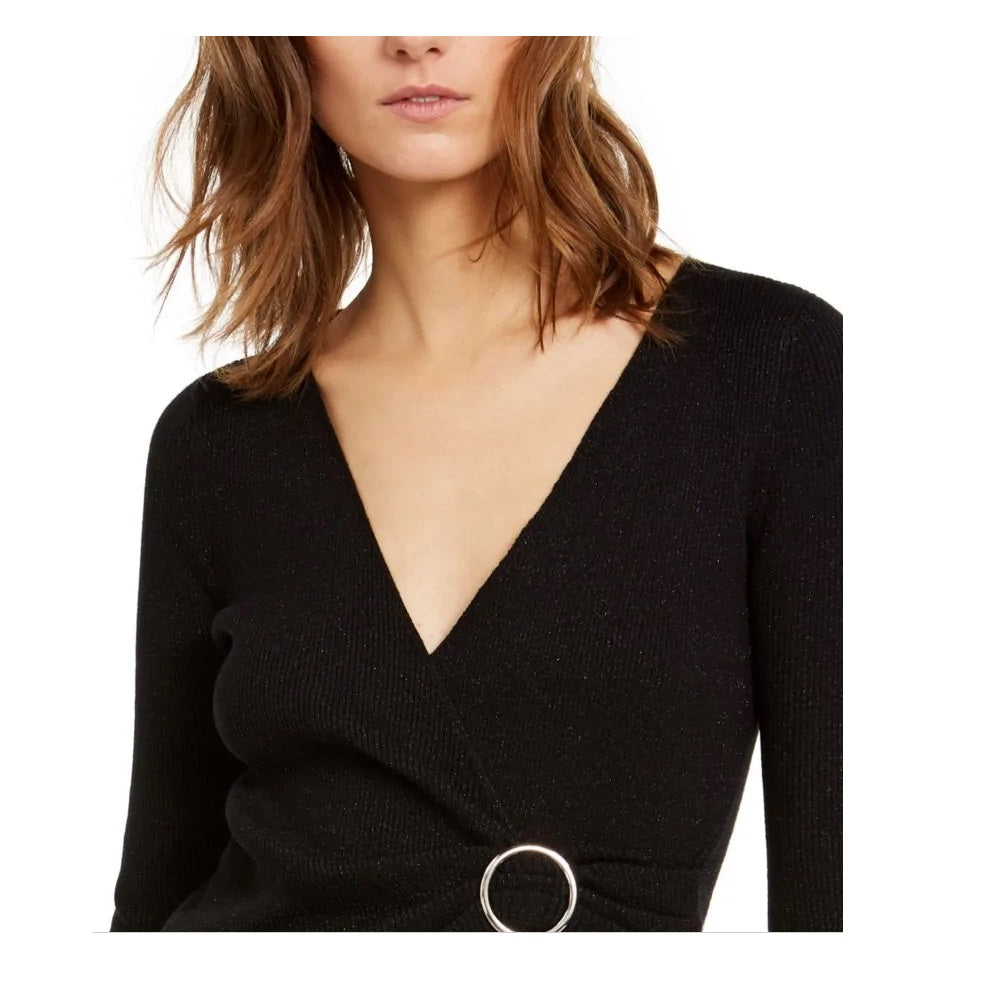 Suéter feminino de malha metálica com envoltório falso, preto, tamanho pequeno S, da INC International Concepts