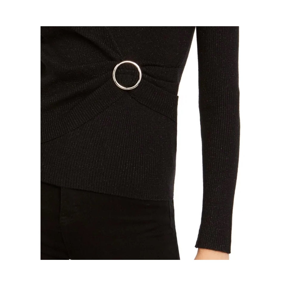 Suéter feminino de malha metálica com envoltório falso, preto, tamanho pequeno S, da INC International Concepts