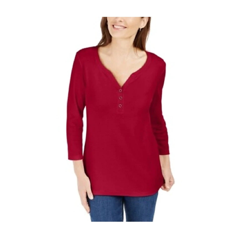 Camisa Henley de algodão feminina Karen Scott, vermelha, tamanho pequeno G