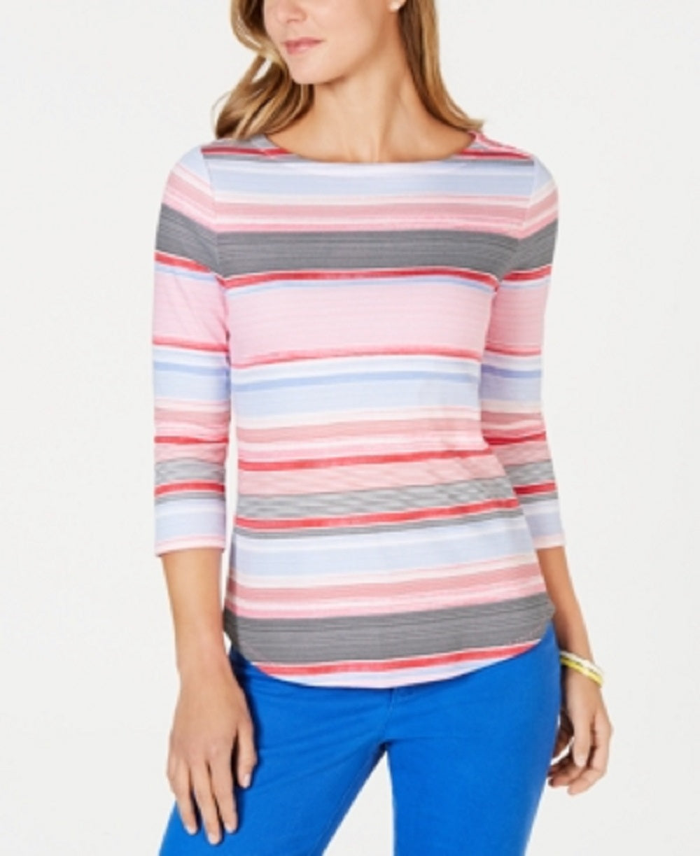 Charter Club Blusa feminina listrada de algodão com decote canoa, rosa, tamanho pequeno médio