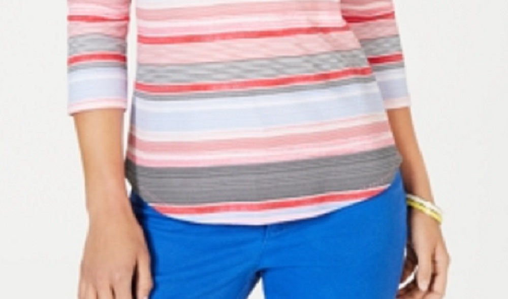 Charter Club Blusa feminina listrada de algodão com decote canoa, rosa, tamanho pequeno médio