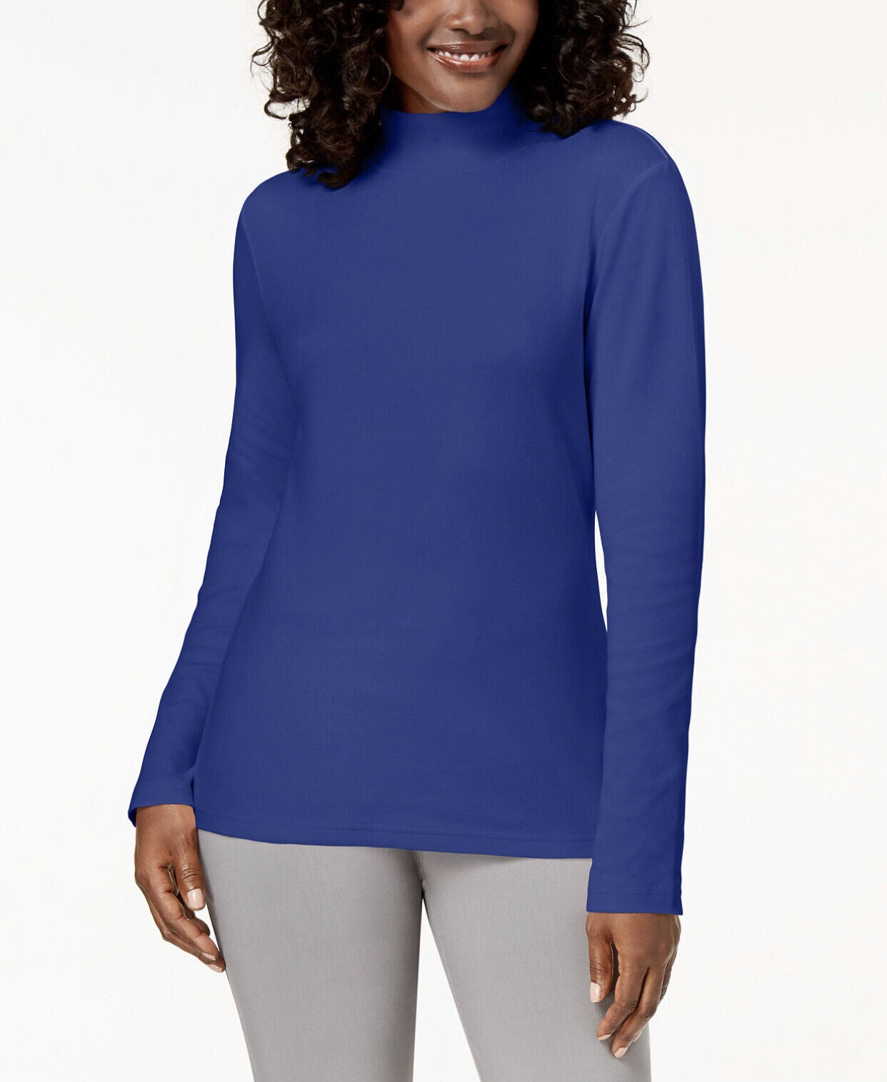 Karen Scott Blusa feminina de algodão com gola alta e manga comprida, azul, tamanho pequeno P