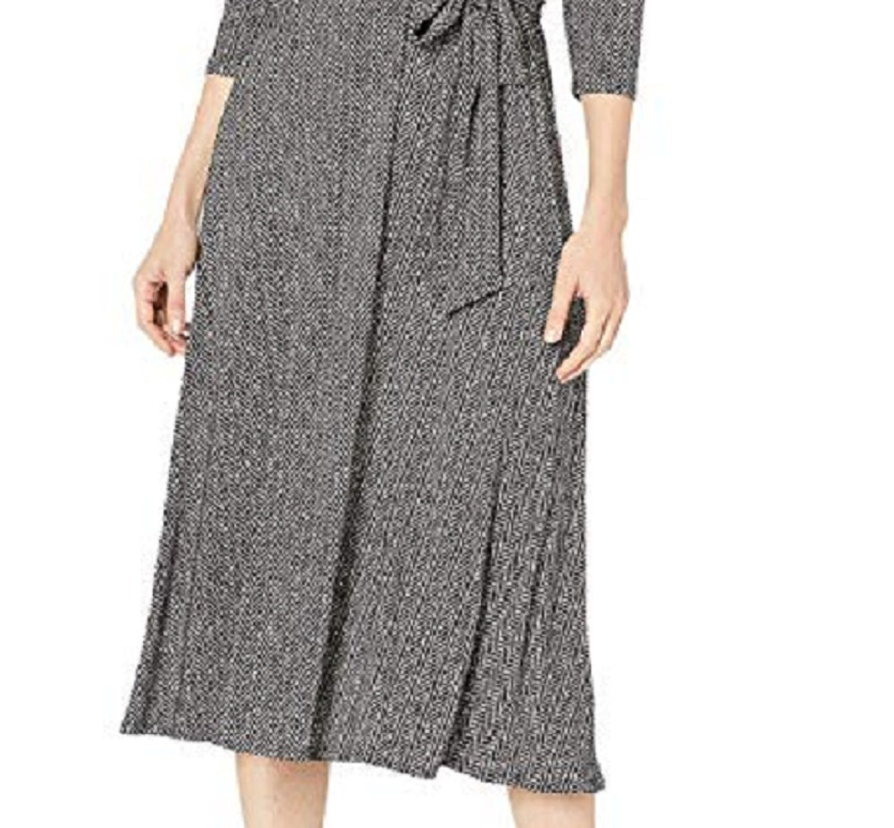 Vestido de festa midi com decote em V e manga 3/4, estilo espinha de peixe, Ralph Lauren, cinza, tamanho 14