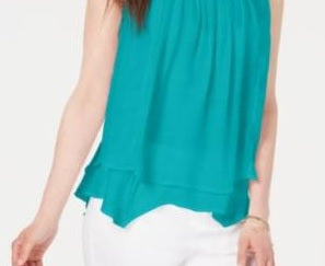 Top estilo swing feminino com acabamento em renda turquesa tamanho extrapequeno
