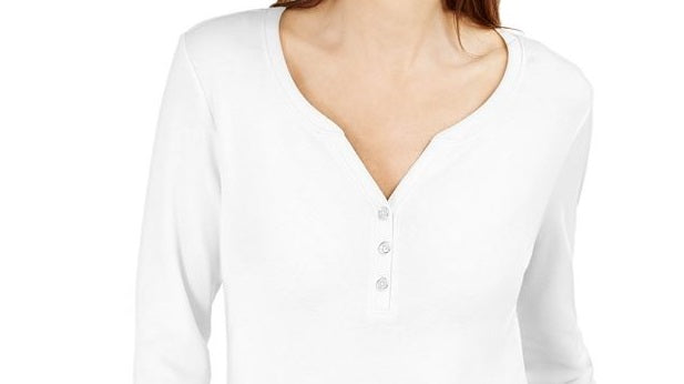 Karen Scott Top Henley de Algodão Feminino Branco Tamanho Grande