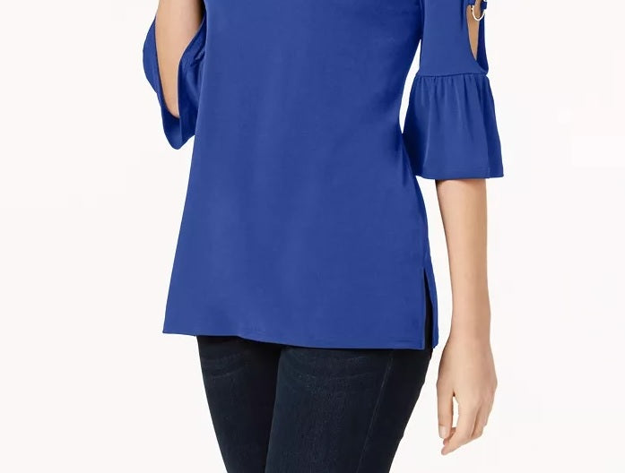 Blusa feminina JM Collection com recorte e babados, azul, tamanho extragrande