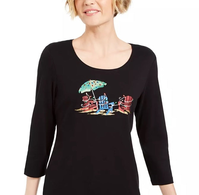 Karen Scott Blusa Feminina Manga 3/4 Enfeitada Preta Tamanho P