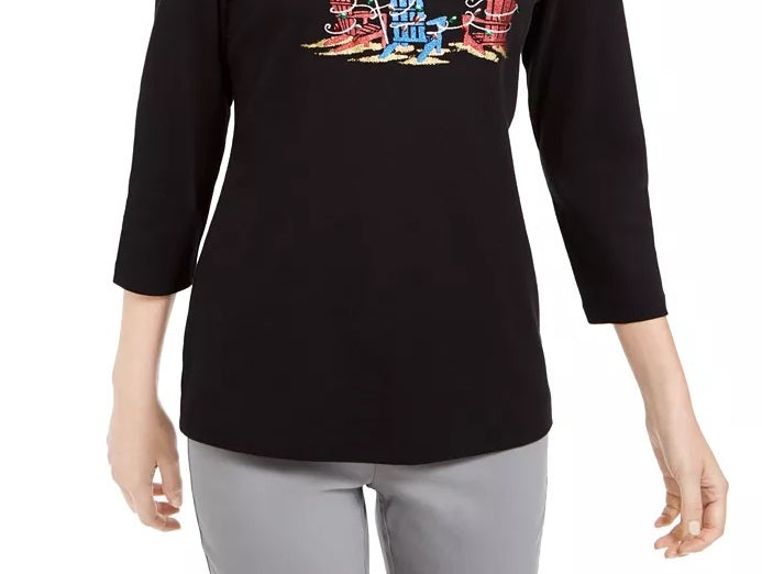 Karen Scott Blusa Feminina Manga 3/4 Enfeitada Preta Tamanho P