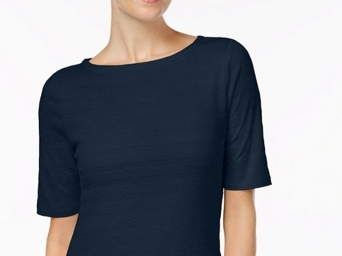 Charter Club Top feminino de algodão com textura listrada e manga cotovelo, azul-marinho, tamanho pequeno