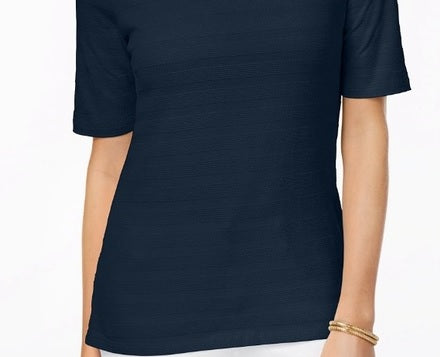 Charter Club Top feminino de algodão com textura listrada e manga cotovelo, azul-marinho, tamanho pequeno