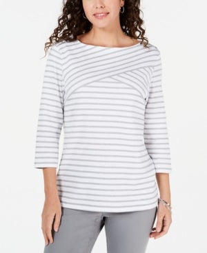 Karen Scott Women's Striped Crossover Top White Size Small