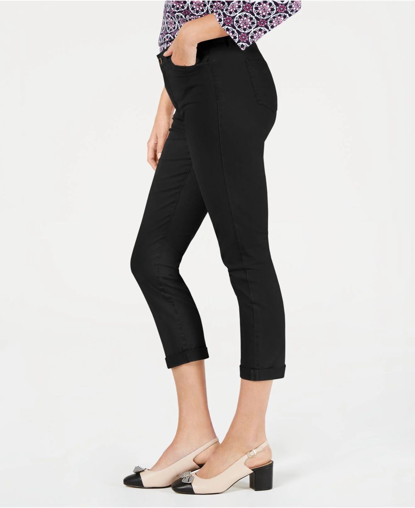 Calça jeans capri feminina Charter Club com controle de barriga, preta, tamanho 4