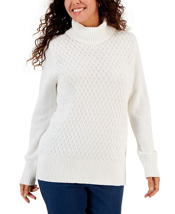 Suéter feminino de tricô com gola alta Charter Club, branco, tamanho pequeno GG