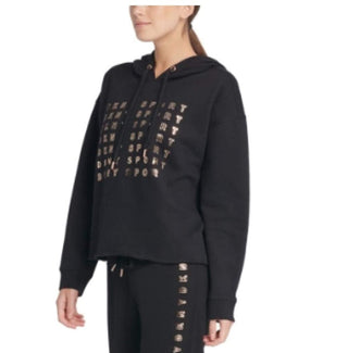 Moletom com capuz curto feminino DKNY Sport Metallic-Logo, preto, tamanho médio