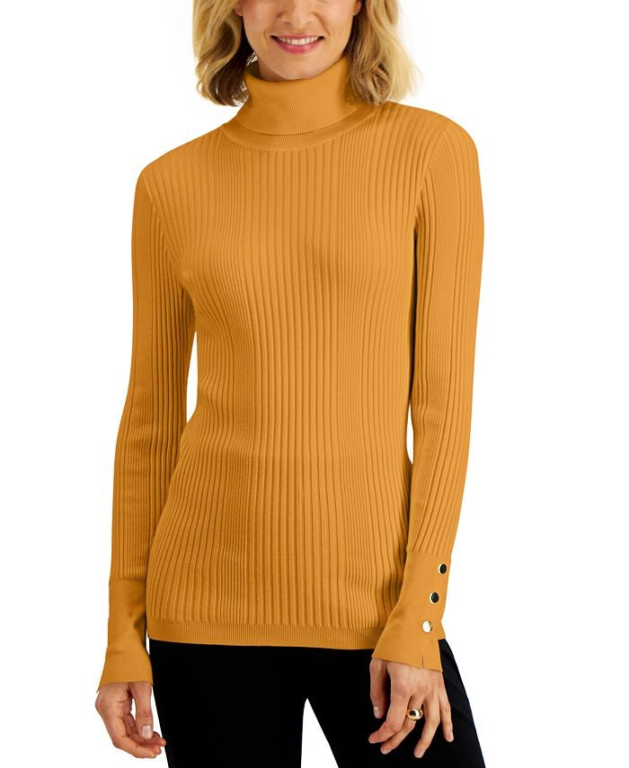 JM Collection Suéter feminino de gola alta com mangas tachinhas mostarda tamanho G