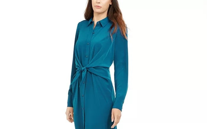 Vestido camisa feminino Alfani Petite com amarração frontal, verde, tamanho 14 Petite