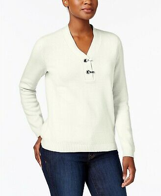 Karen Scott Suéter Henley de Algodão Feminino Pequeno Branco Tamanho PS