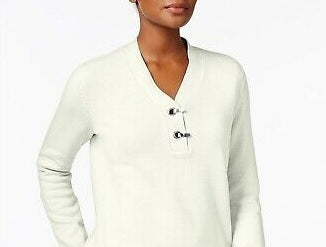 Karen Scott Suéter Henley de Algodão Feminino Pequeno Branco Tamanho PS