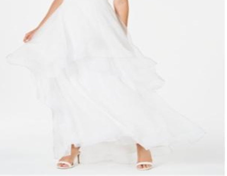 Vestido de festa longo sem mangas e decote em V, branco, tamanho 8, Adrianna Papell