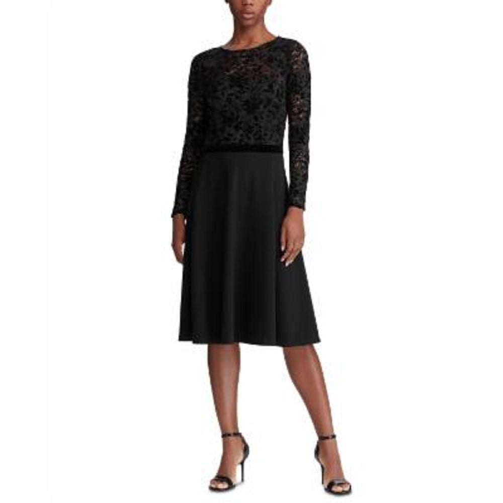 Vestido Ralph Lauren Feminino Bordado Renda Floral Manga Longa Gola Joia Abaixo do Joelho Ajuste Flare Para Usar no Trabalho Preto Tamanho 8