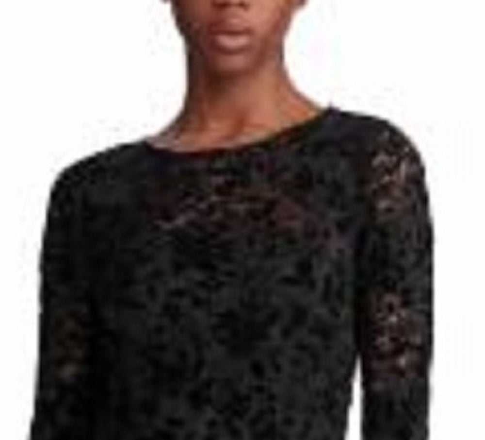 Vestido Ralph Lauren Feminino Bordado Renda Floral Manga Longa Gola Joia Abaixo do Joelho Ajuste Flare Para Usar no Trabalho Preto Tamanho 8