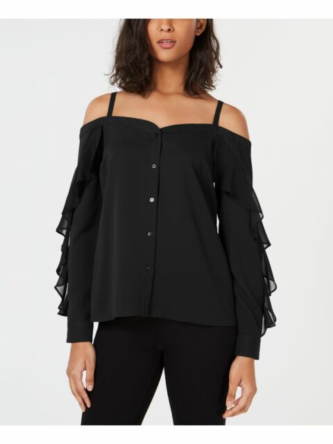 Blusa feminina Bar III com ombros descobertos, manga comprida e decote em V, preta, tamanho X-S