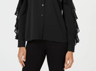 Blusa feminina Bar III com ombros descobertos, manga comprida e decote em V, preta, tamanho X-S