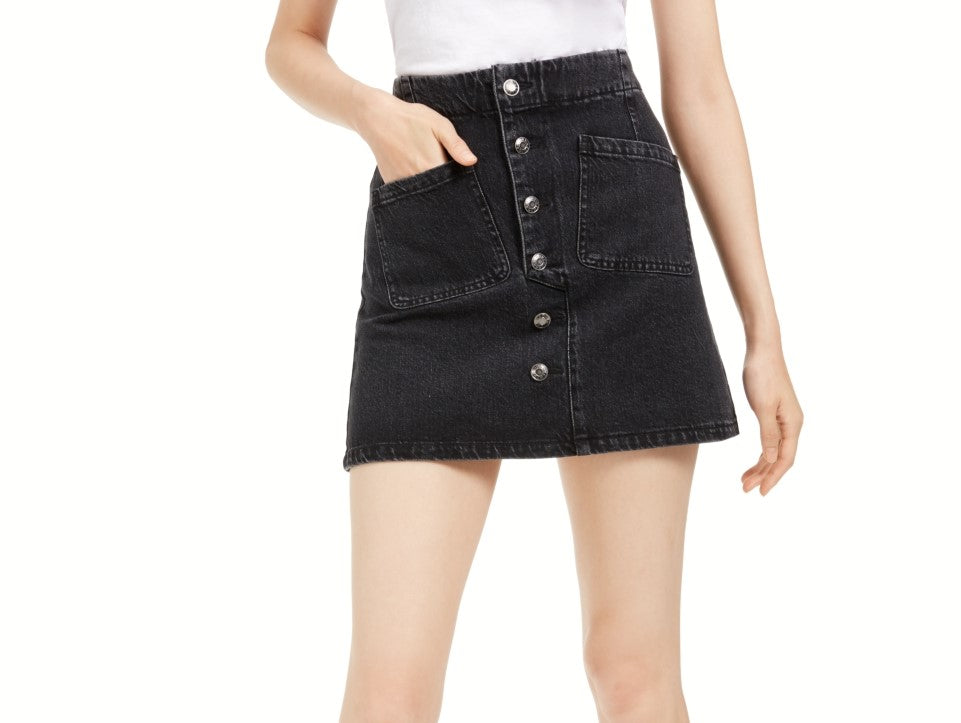 Minissaia jeans feminina Oat com botões e botões, preta, tamanho -25