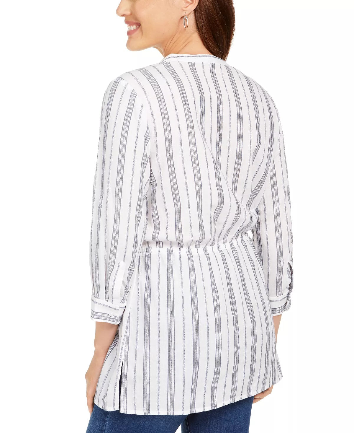 Charter Club Blusa feminina listrada de algodão com amarração na cintura, tamanho extra grande, branca