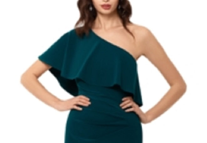 Vestido de coquetel feminino Xscape, sem mangas, com babados, decote assimétrico, abaixo do joelho, verde, tamanho 12, pequeno