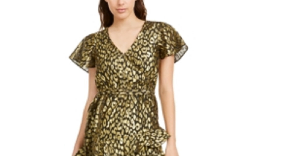 Vestido de coquetel feminino Kendall + Kylie com sobrepeliz metálico dourado/preto, tamanho 12-14