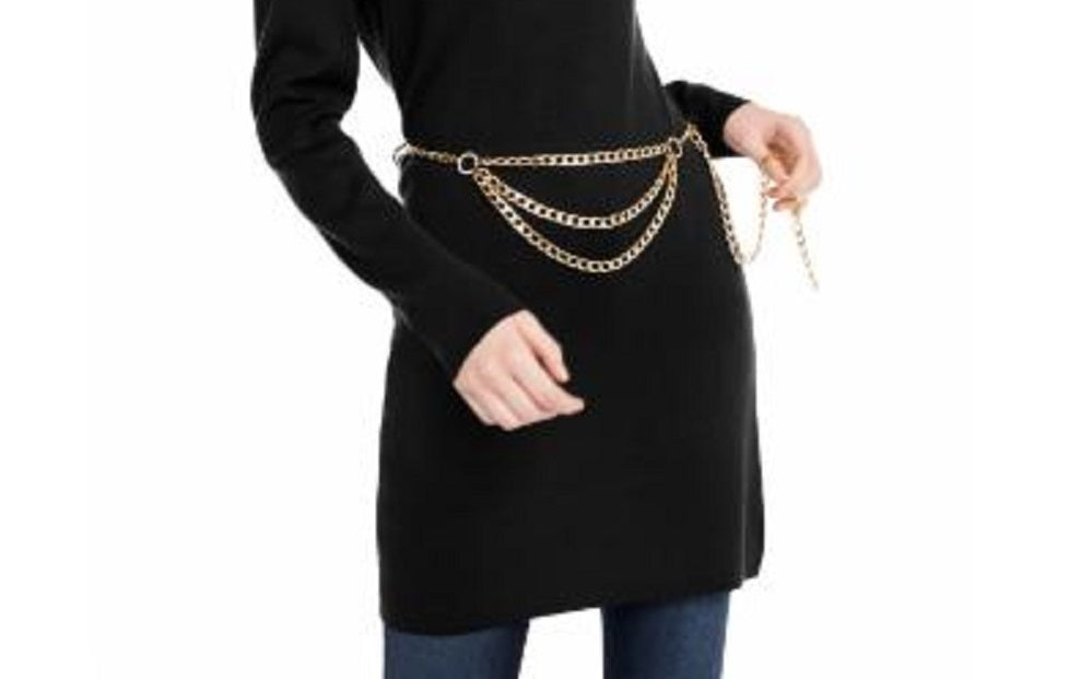 INC International Concepts Suéter túnica feminino com cinto de corrente, preto, tamanho pequeno