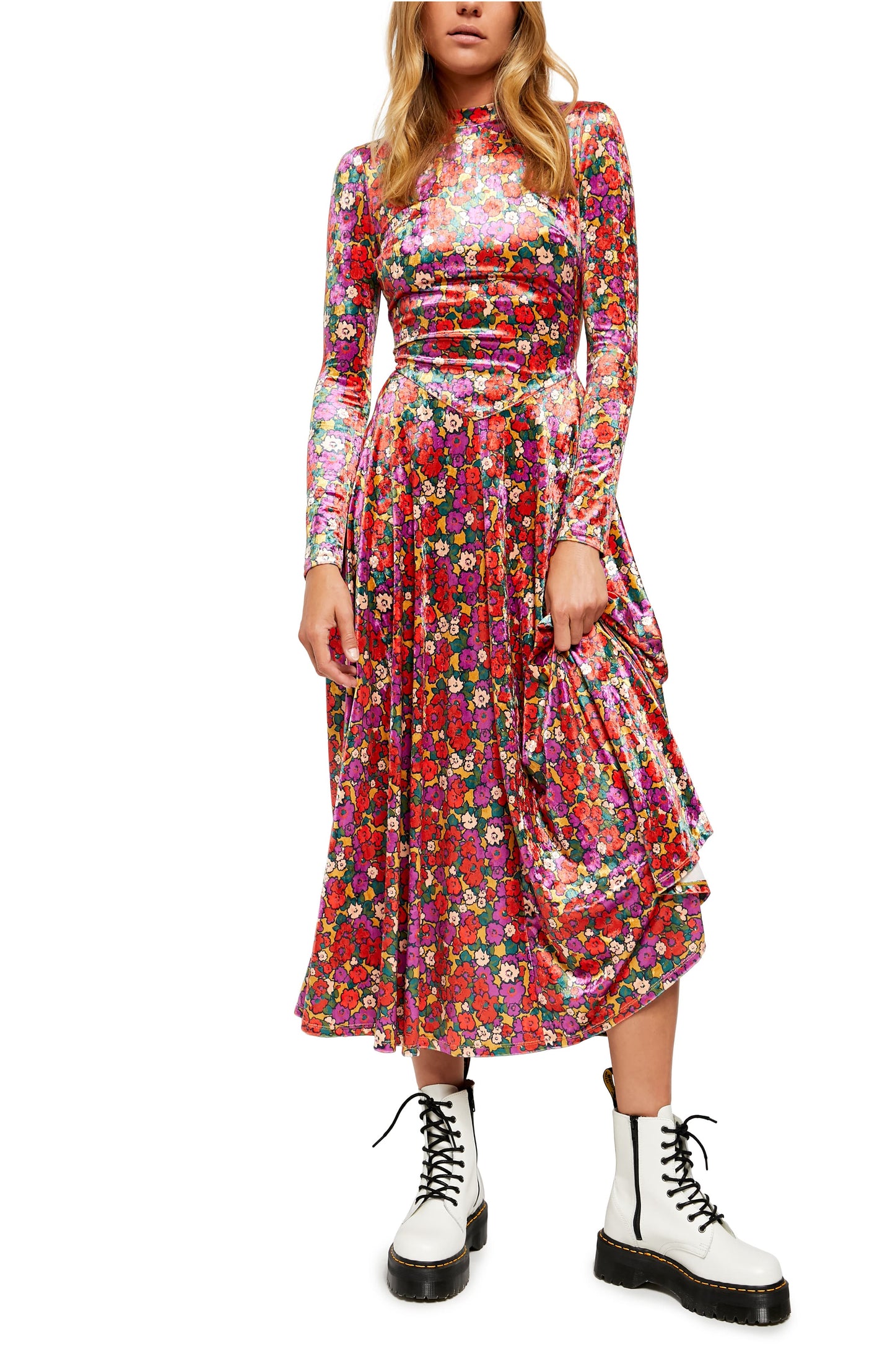 Vestido midi com estampa floral de veludo Heartland da Free People para mulheres, tamanho grande, vermelho