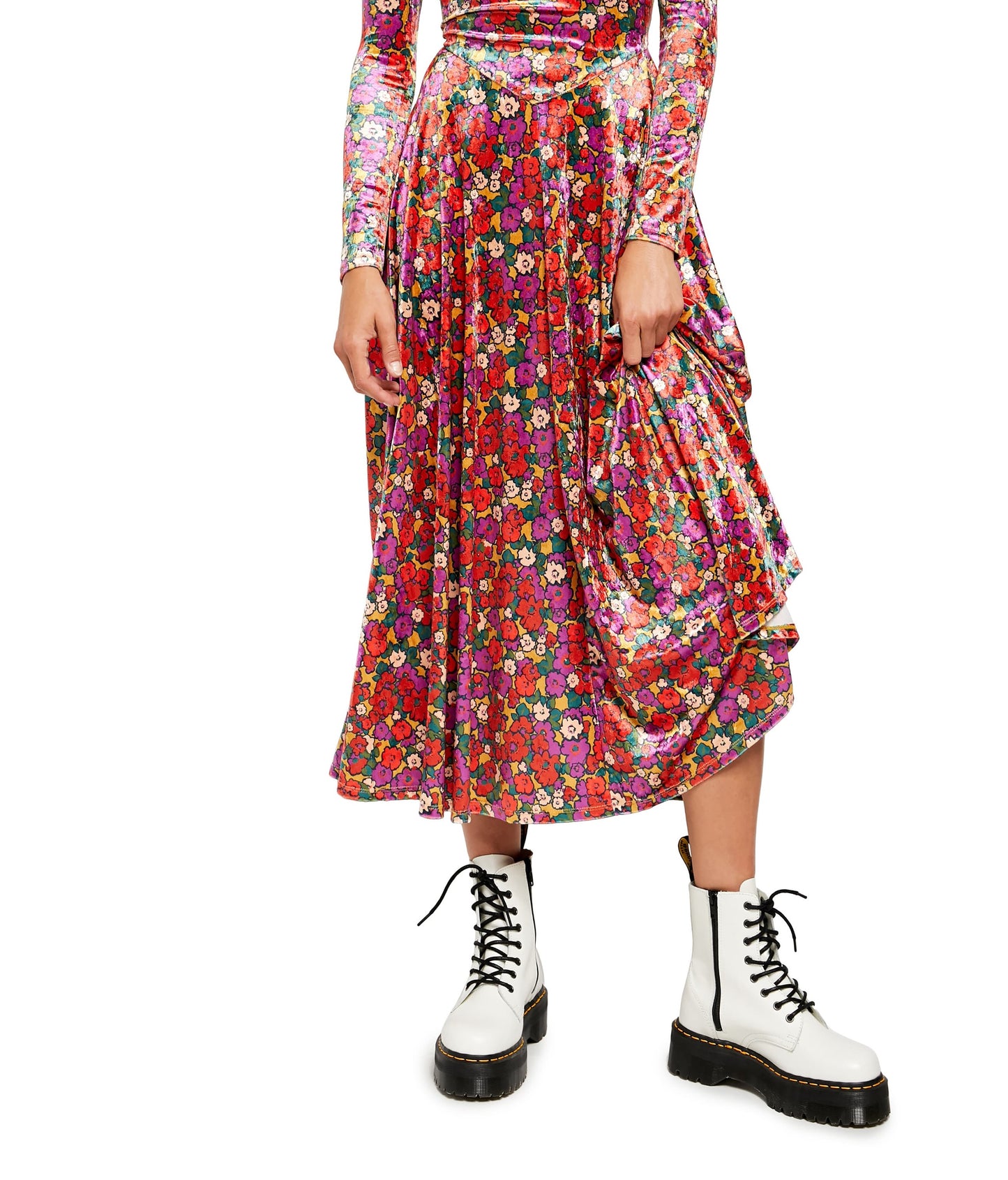 Vestido midi com estampa floral de veludo Heartland da Free People para mulheres, tamanho grande, vermelho