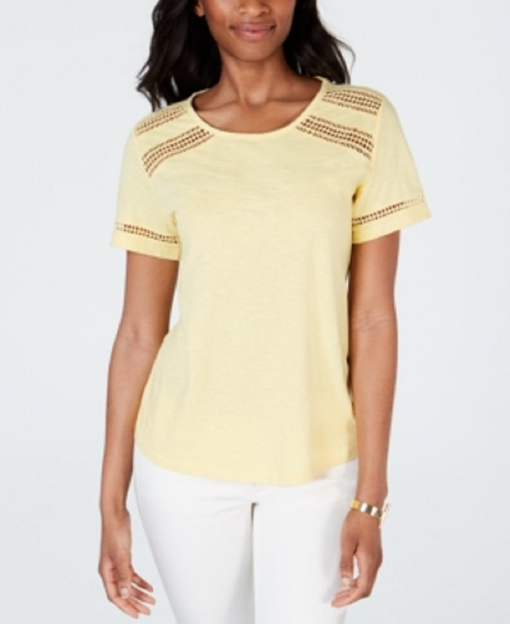 Top feminino Charter Club com acabamento em renda de algodão, amarelo, tamanho grande