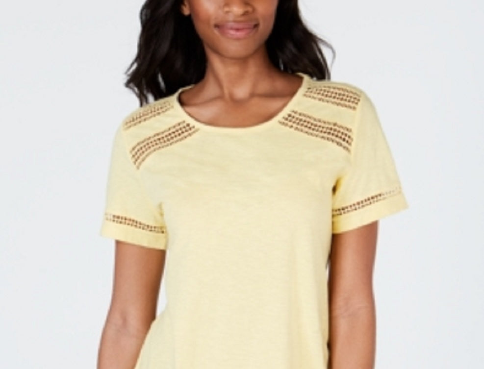 Top feminino Charter Club com acabamento em renda de algodão, amarelo, tamanho grande