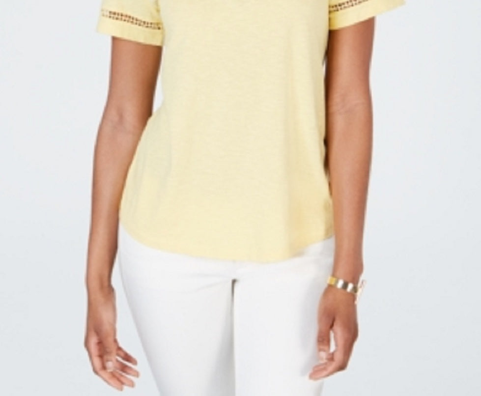 Top feminino Charter Club com acabamento em renda de algodão, amarelo, tamanho grande