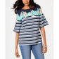 Charter Club Top feminino listrado tropical com manga sino, azul, tamanho XX-G