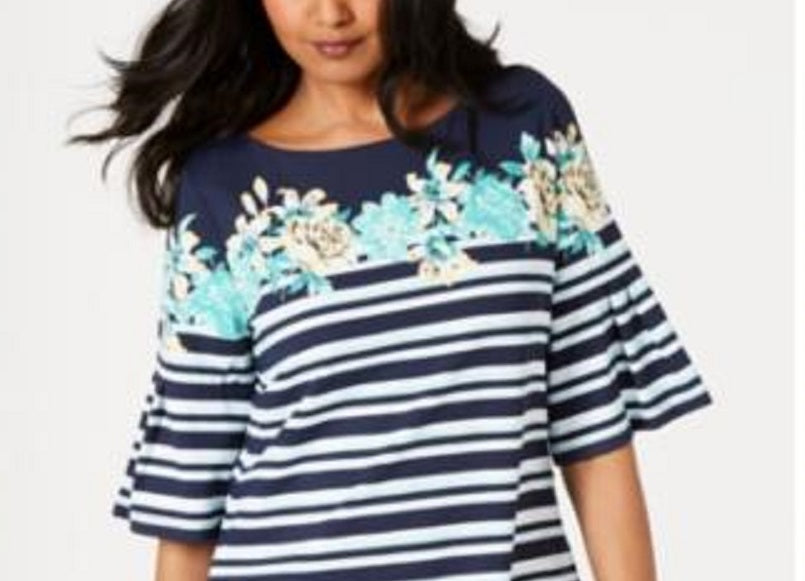 Charter Club Top feminino listrado tropical com manga sino, azul, tamanho XX-G