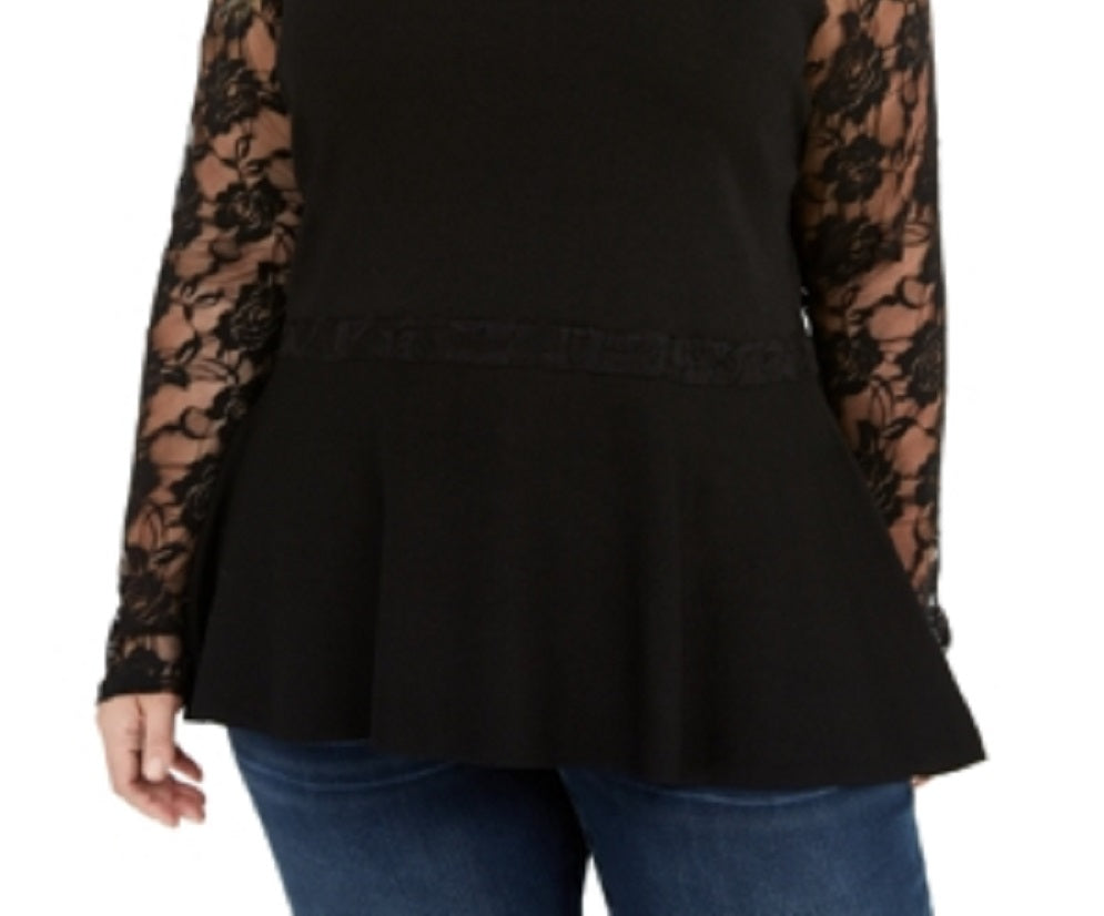 Blusa peplum feminina com detalhes em renda da INC International Concepts, preta, tamanho 0X