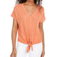 Camiseta feminina com decote em V e manga curta, cor sólida, rosa, tamanho médio, laranja