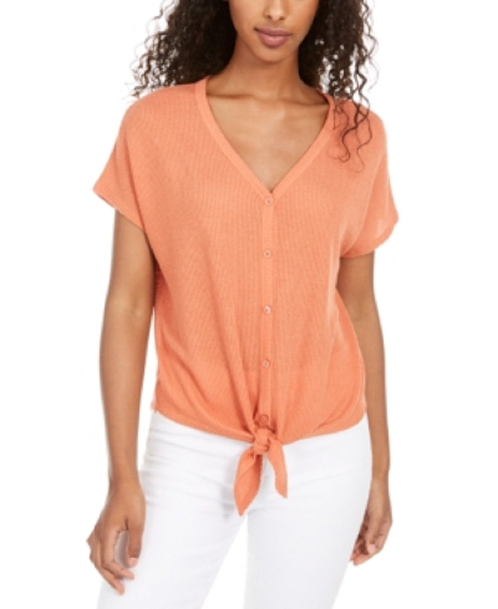 Camiseta feminina com decote em V e manga curta, cor sólida, rosa, tamanho médio, laranja