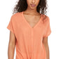 Camiseta feminina com decote em V e manga curta, cor sólida, rosa, tamanho médio, laranja